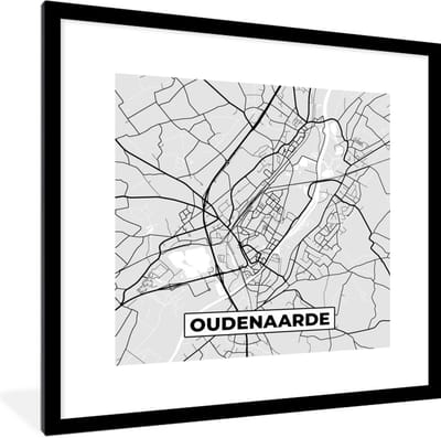 Fotolijst incl. Poster Zwart Wit- Stadskaart – Plattegrond – België – Zwart Wit – Oudenaarde – Kaart - 40x40 cm - Posterlijst