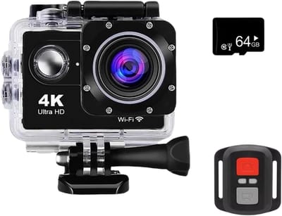 Waterdichte 4K-actiecamera met een 170° groothoeklens, draadloze afstandsbediening en 5x zoom. 64 GB.