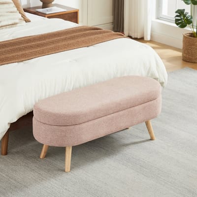 MODFU Opbergbank – 110×40×42 cm – Ovaal ontwerp zonder scherpe hoeken – Met geventileerd opbergvak – Zacht fluweel – Modern en veilig – Geschikt voor slaapkamer, hal of woonkamer – Roze