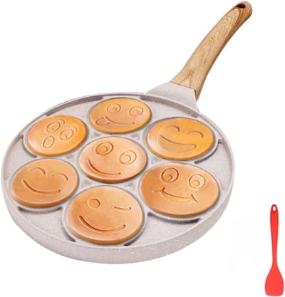 Aura® Poffertjespan - Gietijzeren pan - Voor inductie / electrisch - Poffertjes maken - Met Anti Aanbaklaag – Pannenkoekenmaker – 7 Gaten – Met Smiley Gezichten-Wit- 45cm x 26cm x 2cm