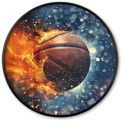 Poster in lijst Rond - Fotolijst 60x60 cm - Posters - Basketbal - Vuur - Sport - Blauw - Oranje - Ronde posterlijst zwart - Decoratie - Wanddecoratie woonkamer - Muurdecoratie slaapkamer
