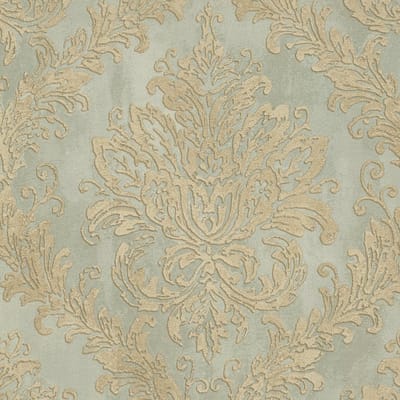 Barok behang Profhome 790492-GU vliesbehang hardvinyl warmdruk in reliëf licht gestructureerd met ornamenten en metalen accenten grijs groenbeige goud 5,33 m2