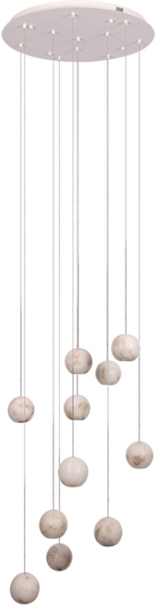 Atmooz Cathedral hanglamp – 11 alabaster bollen – Ø55 cm plaat – moderne multi-pendel design hanglamp – luxe hanglampen woonkamer of hoge hal – G4 fitting – elegante alabaster verlichting – wit met natuursteen effect