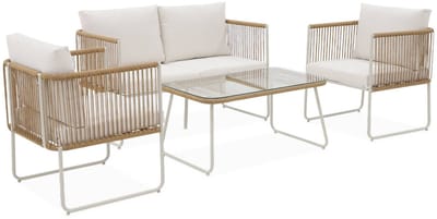 sweeek - Loungeset van touw en gegalvaniseerd staal, salontafel van gehard glas, 4 zitplaatsen