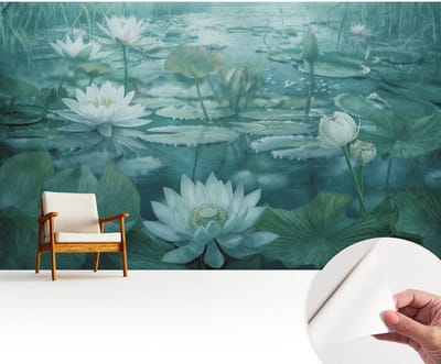 Wallfluent Zelfklevend Behang - Waterbloemen Zelfklevend fotobehang - 416x254 cm - Zwart-wit Zelfklevend Behang - Peel-and-stick techniek - Voor de slaapkamer, woonkamer en hal Zelfklevend Behang