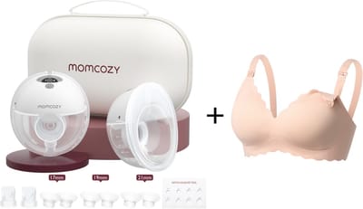 Momcozy M5 Handsfree Dubbele Borstkolf - Met voedingsbeha maat M - Inclusief verschillende borstschild inserts - Extra stil en compact - Elektrisch - Grijs