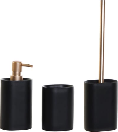 Toiletborstel met houder zwart/goud en zeeppompje en beker kunststof