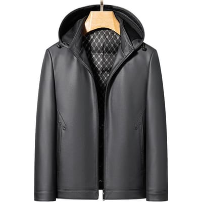 Veste en Cuir pour Homme Veste en Duvet d'Agneau à Capuche Amovible Veste Décontractée Épaissie et Chaude en Duvet de Canard Veste XXXXL grise