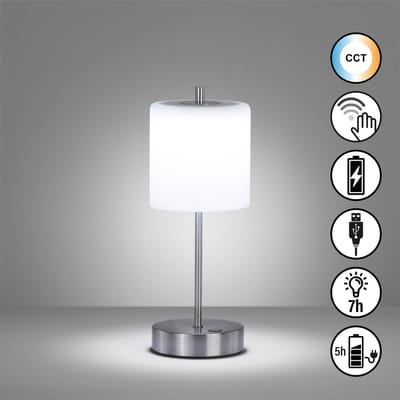 FHL easy! Riva - Tafellamp oplaadbaar - USB - 1x 2W LED (incl.) - 3000 / 4750 / 6500K - Ø13cm, H:34,50cm - Dimbaar - Opaalglas met zilveren Voet - Cilinder