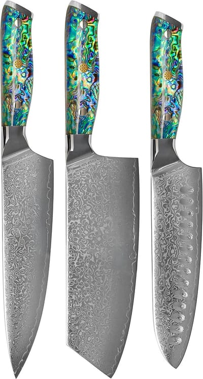 Shinrai Knives - Parelmoer Jewels 3-delige Damascus Messenset - Koksmes + Nakiri + Santoku