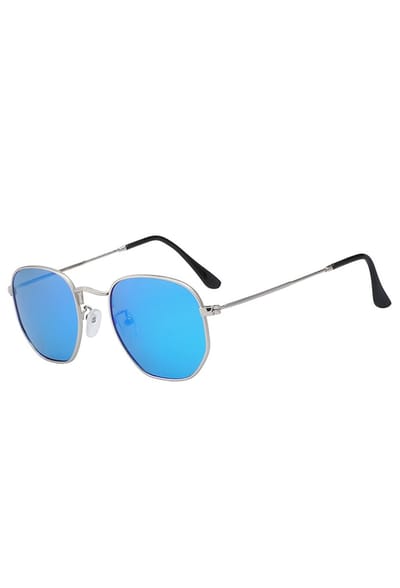 KIMU® Zonnebril Hexagonal - Zilver Montuur - Blauw Zeshoekige Spiegelglazen - Zilveren Pilotenbril Blauw Retro Vintage Zeshoekig Festival
