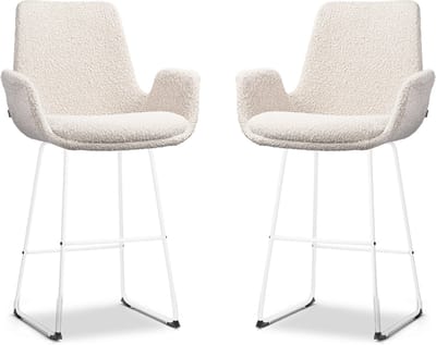 Nolon Nino-Eef Barkrukken Set van 2 Bouclé Beige - met Armleuning - Wit Onderstel - 65 cm - Voor Kookeiland - Barkruk met Rugleuning - Lage Armleuning - Scandinavisch