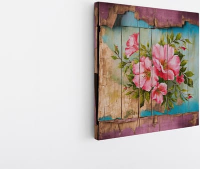 Saammp Canvas Schilderij - Bloemen op hout - Roze - Abstract - 20x20 - Foto op canvas - Wanddecoratie - Muurdecoratie Woonkamer - Kantoor Decoratie