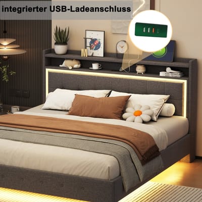 Gestoffeerd bed 160x200cm - met USB-stopcontact en LED-verlichting - verborgen pootontwerp - grijs - zonder matras