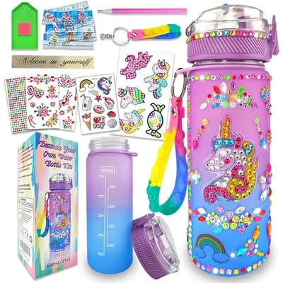 Ynkkvre - Versier Je Eigen Waterfles Kit - DIY Drinkfles Versier Kit - Eenhoorn Schilderij Knutselset - Kinderen Waterfles - Knutselpakket voor Meisjes - Met Diamantstickers - Kliksleutelhanger - Lekbestendig - Cadeau voor 5-12 Jaar