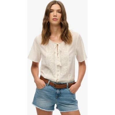Superdry Geborduurd Topje met Knopen en Korte Mouwen Crème Grootte: 42