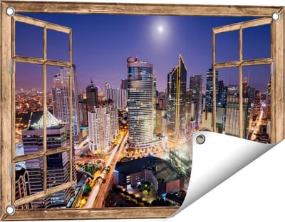 Gards Tuinposter Doorkijk Makati Stad Skyline in de Nacht in Thailand - 60x40 cm - Tuindoek - Tuindecoratie - Wanddecoratie buiten - Tuinschilderij