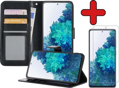 Hoesje - Met Screenprotector - Geschikt voor Samsung Galaxy S20 FE - Luxe Pasjeshouder - Flipcase - Bookcase Portemonee - Flip Case - Kunstleer Book Case - Book Cover - Walletcase - Portemonneehoes - Telefoonhoes - Zwart