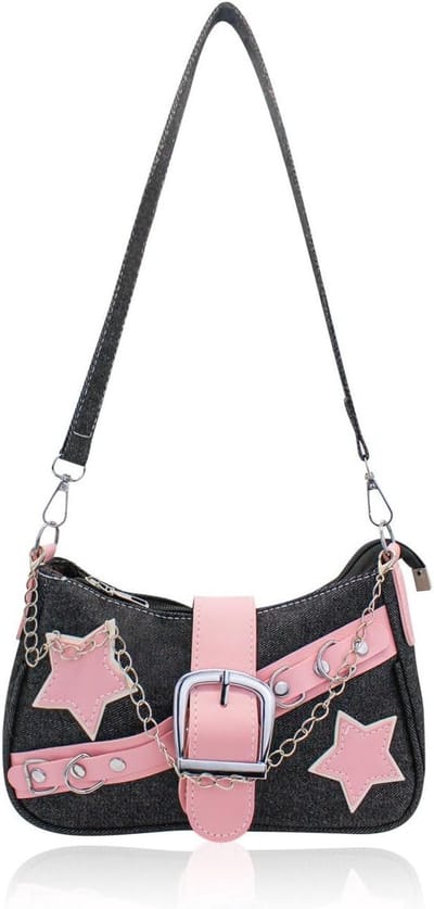 Dames schoudertas van denim met handketting en afneembare schouderband, trendy Y2K hobo tas met rits en compact ontwerp