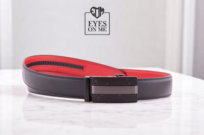 Zwart + rood lederen riem zonder gaatjes met automatische gesp voor heren ( model 8 )