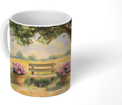 Mok - Koffiemok - Houten bankje - Bloempotten - Landschap - Mokken - 350 ML - Beker - Koffiemokken - Theemok