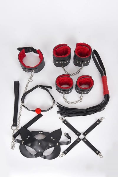 Zwart 7-delig kunstleren handgemaakt boeien set met zweep en halsbanden standaardmaat bondage accessoire kit voor volwassenen