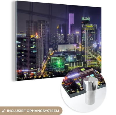 ® Glasschilderij 180x120 cm - Schilderij acrylglas - Skyline van de metropool Shenyang in de avond - Foto op glas - Muurdecoratie woonkamer - Wanddecoratie slaapkamer - Schilderijen