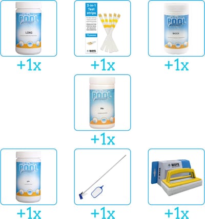 Zwembad Onderhoudspakket - Onderhoud Zwembad - bevat Chloor - Testrips - Chloor - PH-min - PH-plus - Schoonmaakset en Scrubborstel (7-delig)