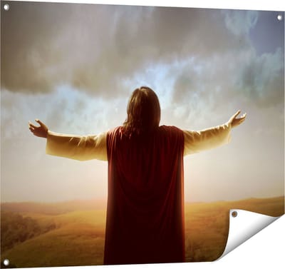Gards Tuinposter Jezus Christus aan het Bidden bij Zonsopgang - 100x80 cm - Tuindoek - Tuindecoratie - Wanddecoratie buiten - Tuinschilderij