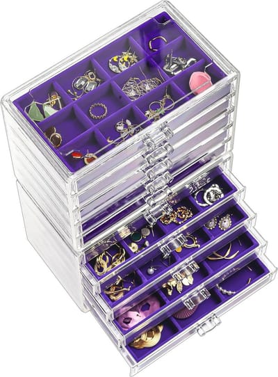 Oorbellen en Sieraden Organizer - Doorzichtig Acryl Juwelendoos met Fluwelen Laden - 10 Laden - Lila
