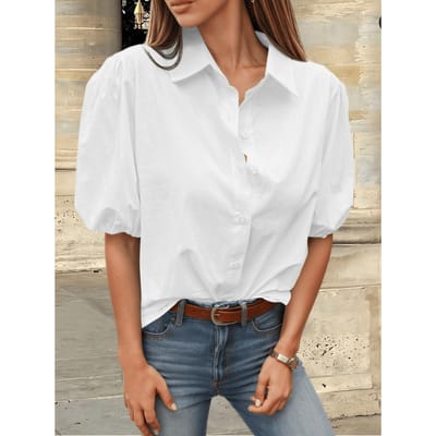 Dames Blouse met Kraag en Pofmouwen Knopen Casual Zomer Top S wit