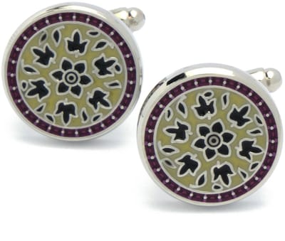 Manchetknopen - Rond met Groen en Beige Bloem Patroon