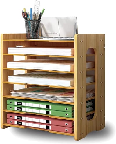 7-laags bureau organizer van hout met gratis vier linialen, ruime opbergdoos voor kantoorbenodigdheden, ideaal voor school en thuisdecoratie