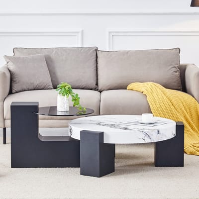 MODFU Set Van 2 Bijzettafels - Demontabel - L-Vormige Poten - Moderne Stijl - Woonkamer Of Slaapkamer - MDF En Glas - Wit En Zwart