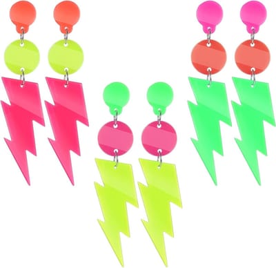 3 Paar Retro Neon Oorbellen voor Vrouwen - 90s Carnavalstijl, Acryl, Vintage, 8x2 cm, Perfect voor Feestjes en Kostuums