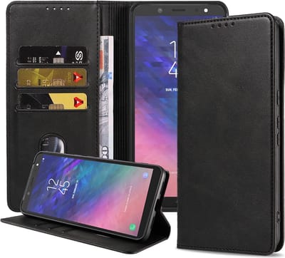 Smartphonica Samsung Galaxy A6 2018 kunstleren hoesje met magnetische sluiting en pashouders book case - zwart geschikt voor Samsung Galaxy A6 (2018)