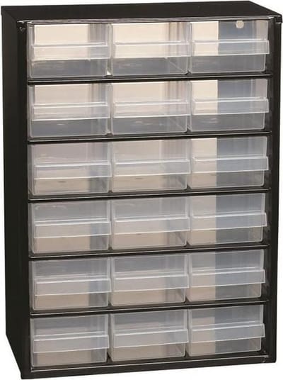 Raaco Ladekast met 18 lades - Metalen Assortimentskast - Opbergsysteem voor o.a. schroeven en bouten - Kan aan de muur bevestigd worden - 150x306x420 mm