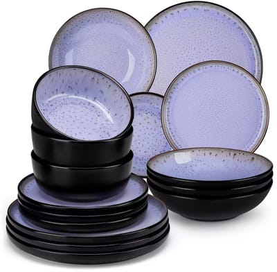 Serviesset - 4 Persoons Servies - Keramiek - Diner- en Dessertbord - Ontbijt- en Soepkom - 16-delige Set - Zwart - Paars