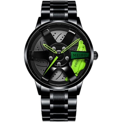 Heren Sport Horloge Waterdicht Autowiel Horloges 3D Hol Wiel Ontwerp Roestvrijstalen Horloge black