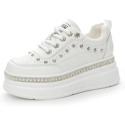 7cm Echt Leer Dames Mode Casual Bling Chunky Sneakers Platform Wedge Gevulkaniseerd Herfst Lente Verborgen Hakken Dames Schoenen 40 white