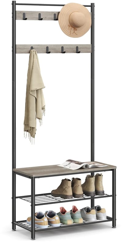 SmartLiving.Store - Kapstok - Jassenrek met schoenenrek - Met zitbank - Voor hal of gang - Met haken - Grijs - 183 cm