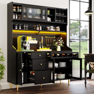 Sweiko Keukenkast - Dressoir - Verstelbare planken - LED-verlichting - Met wijnrek - 3 lades - Zwart