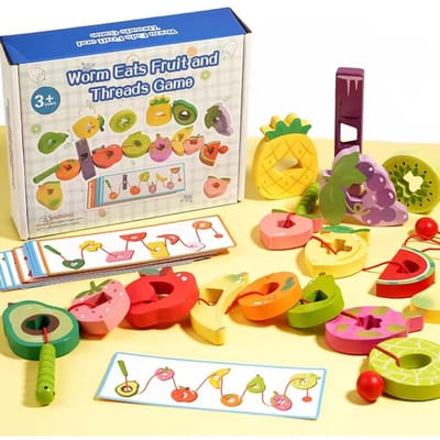Jeu de Lacet Fil à Enfiler Ver en Bois Mangeur de Fruit Jouet Sensoriel Cognitif Couleur Forme Cadeau Entraînement Motricité Fine Bambin Jouet Montessori yellow