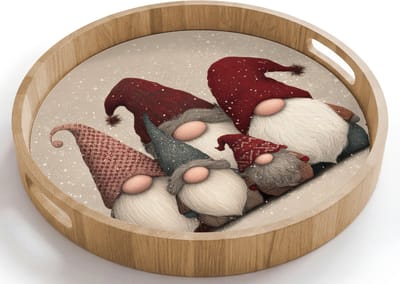 Dienblad rond 40x40 cm - Schootdienblad hout - Kabouters - Kerst - Sneeuw - Puntmutsen - Borrelplank rechthoek - Plateau houten dienbladen