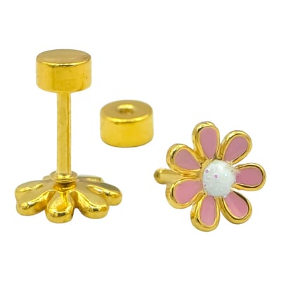 Oorbellen meisje - Hypoallergeen - Verguld staal - Goudkleurig met roze bloem - 8 mm