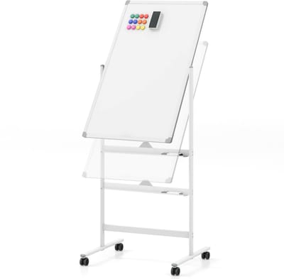 COSTWAY Dubbelzijdig mobiel whiteboard, 60 x 90 cm, in hoogte verstelbaar magnetisch whiteboard met wieltjes, standaard en pennenbakje, incl. accessoires voor school, kantoor, thuis (wit)