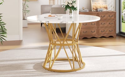 Wishdor Eettafel 100x100x76 cm, vierkant MDF-blad met marmerprint en goudkleurig metalen onderstel, modern elegant ontwerp