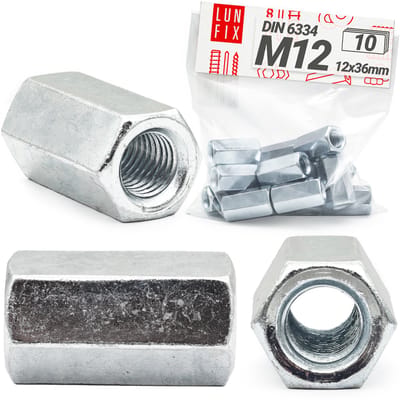 LUN FIX - Draadmoer M12 x 36mm - 10 stuks - DIN 6334 - Verzinkt staal - Afstandsmoer