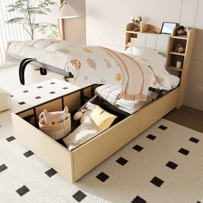 Komhtom Houten bed 90 x 200 cm, hydraulisch bed, hoofdeinde met opbergruimte, voorzien van een USB-aansluiting en een C-Tape-aansluiting, eenpersoonsbed, tienerbed, houtkleur (zonder matras)