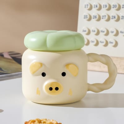 Tasse de dessin animé pour filles Tasse Cochon Fleur de haute valeur avec couvercle et cuillère Tasse en céramique ménagère Boîte cadeau Souvenir Tasse à eau 301-400ml